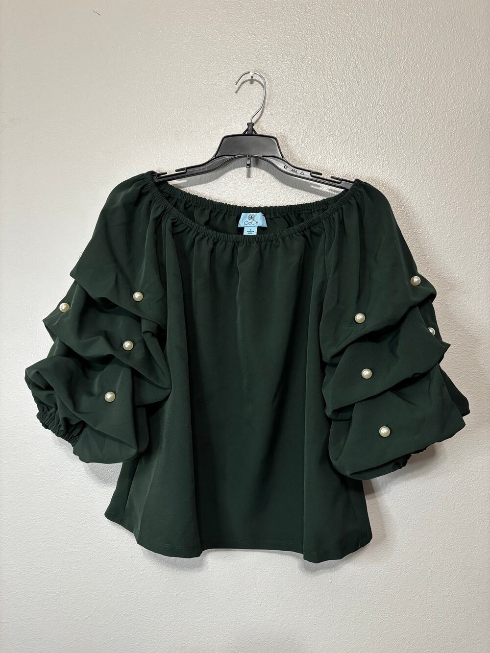 CECE Green and Faux Pearl Off-Shoulder Tiered Sleeve Blouse Size S
